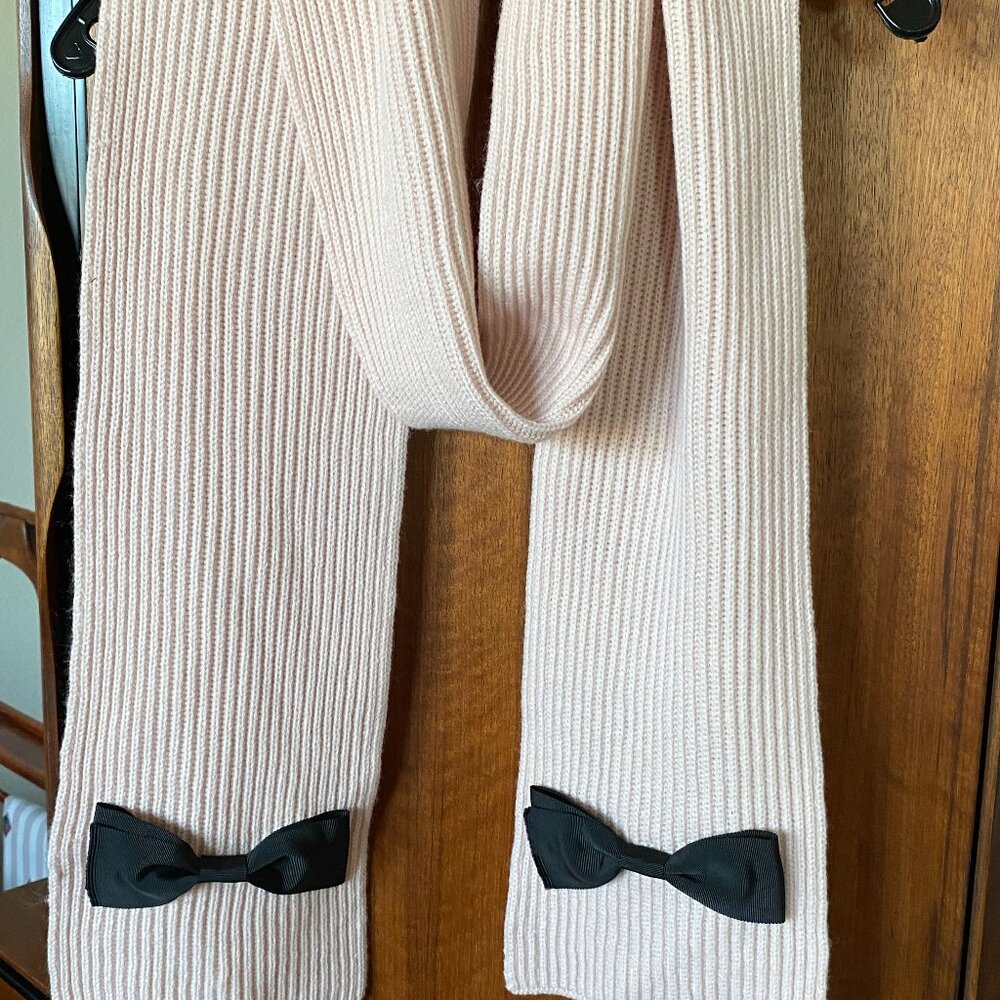 Kate Spade NY Long Scarf.  Light Pink w/Black Bows Wool/Acrylic. NEW